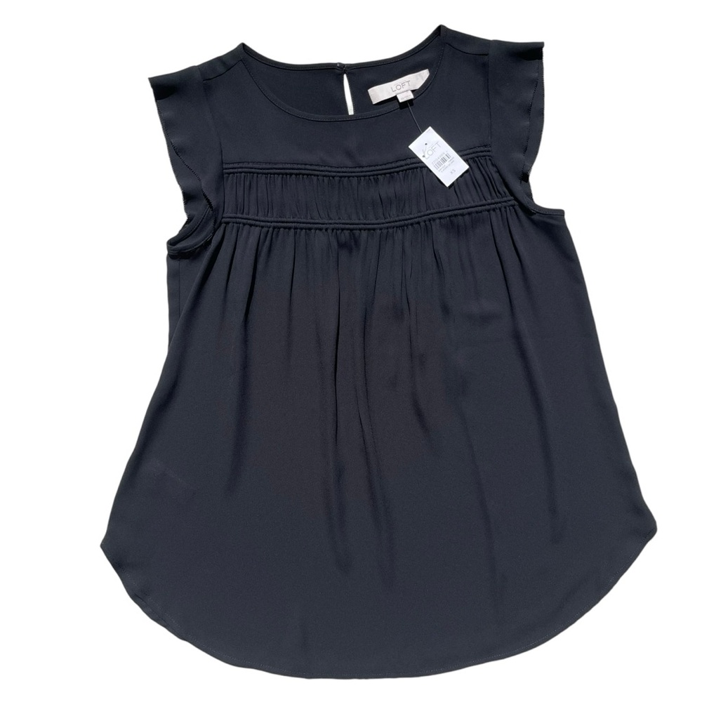 Ann Taylor Loft Women’s XS Black Ruffle Cap Sleeve Shirred Polyester Tank Blouse